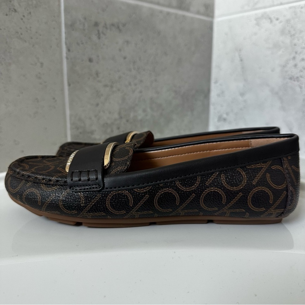 Calvin Klein Brown Monogram Driving Loafers with Gold Accent Size 5.5